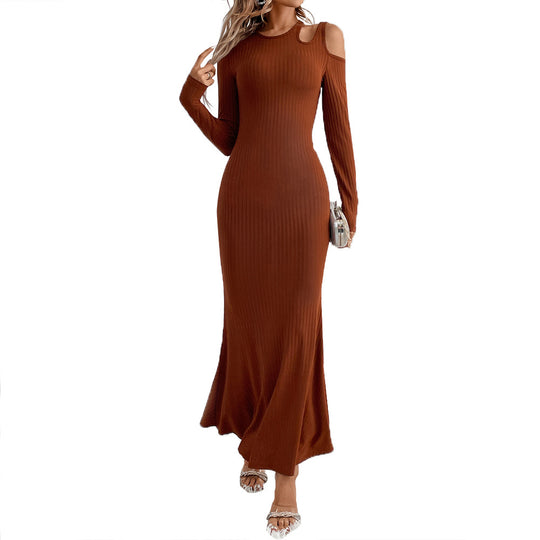 Damen geripptes Meerjungfrauen-Maxikleid mit Cold-Shoulder Cutouts, sculptender Passform und ausgestelltem Saum Shop Nory