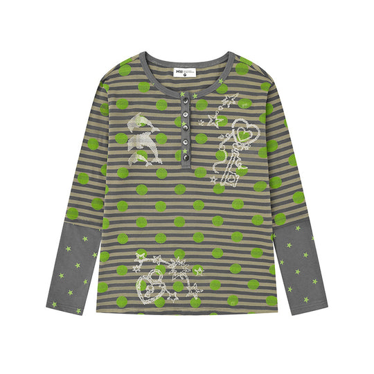 Damen Gestreiftes Henley-Langarmshirt mit Kontrastärmeln, Sternprint und Zierstein-Motiven Shop Nory