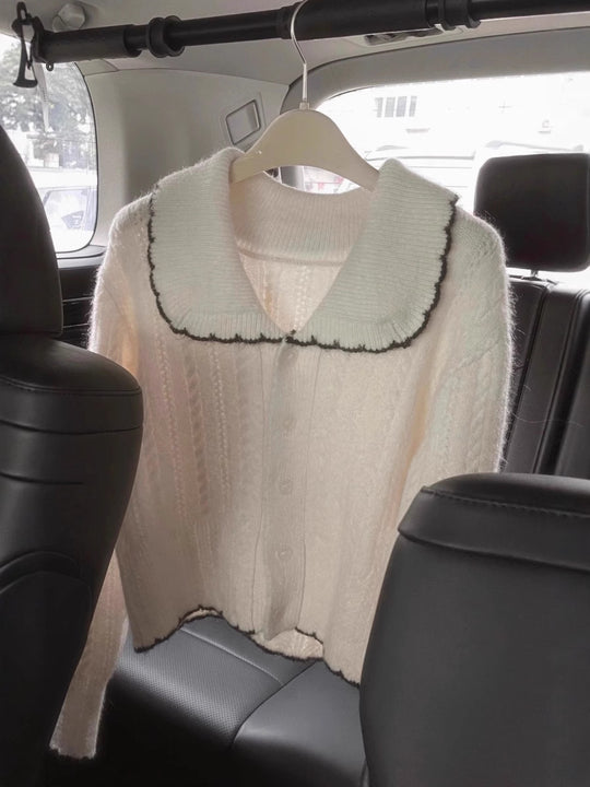 Damen Zopfmuster-Strickcardigan mit großem Matrosenkragen und kontrastkante Shop Nory