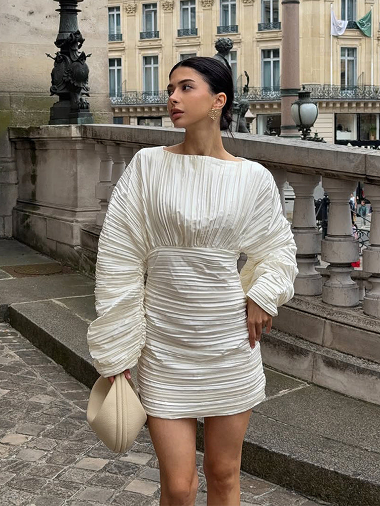 Damen gerafftes Plissee‑Minikleid mit Ballonärmeln und taillierter Silhouette Shop Nory