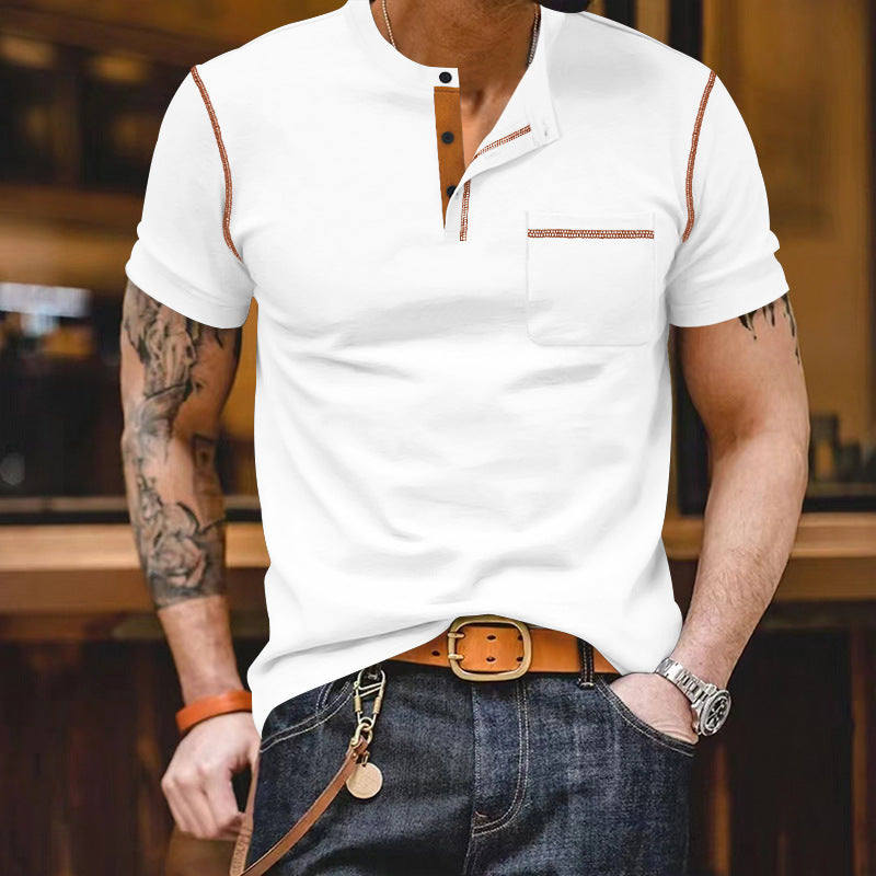 Herren nan urbanes Kurzarmshirt mit Stehkragen, halber Knopfleiste und Brusttasche