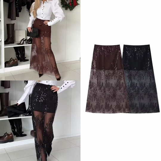 Damen Maxirock aus Tüll mit Paillettenbesatz und innenliegendem Mini-Futter Shop Nory