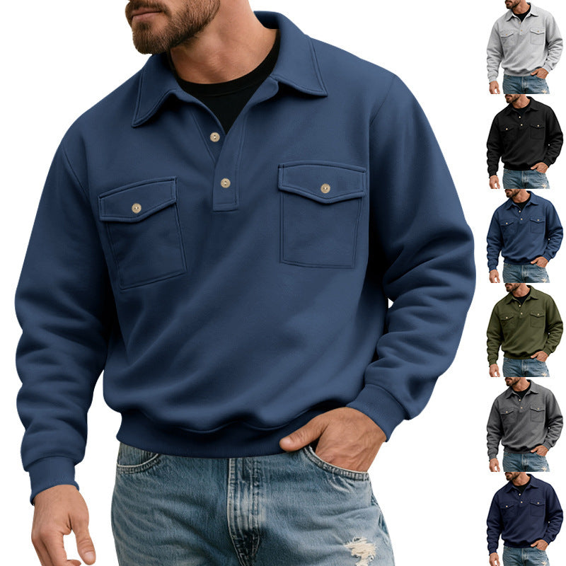 Herren nan legerer Button-Polo-Sweatshirt mit aufgesetzten Brustklappen und gerippten Bündchen Shop Nory