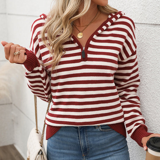 Damen Modischer Strickpullover mit Kapuze und halbem Reißverschluss Shop Nory