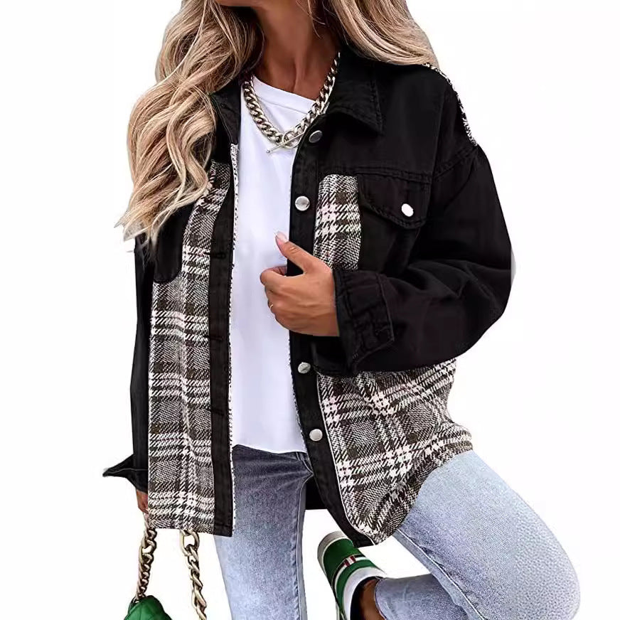 Damen nan lässige Shacket aus Cordstruktur mit karierten Einsatzpaneelen und Druckknopfverschluss Shop Nory