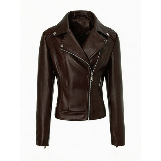 Damen taillierte Biker-Lederjacke mit Stepp-Schultern und asymmetrischem Reißverschluss Shop Nory