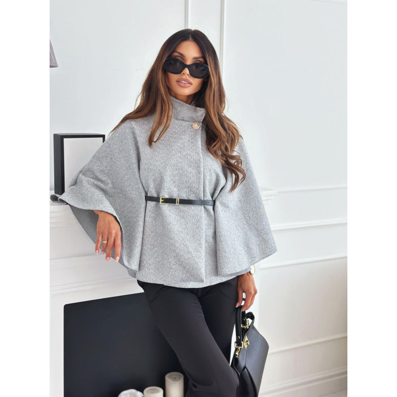 Damen Cape-Mantel mit tailliertem Ledergürtel und Stehkragen Shop Nory