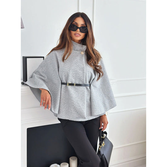 Damen Cape-Mantel mit tailliertem Ledergürtel und Stehkragen Shop Nory