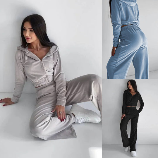 Damen kurz geschnittenes Samt-Lounge-Set mit tailliertem Zip-Hoodie und fließender Highwaist-Palazzohose Shop Nory