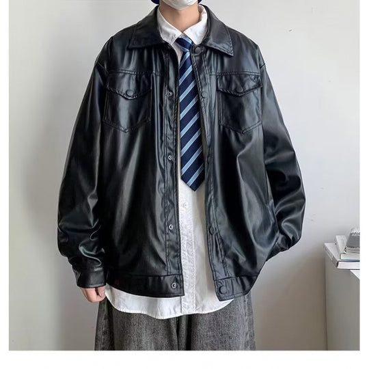 Herren Oversized Kunstleder-Hemdenjacke im Boxy-Look mit Pattentaschen und Druckknopfleiste Shop Nory