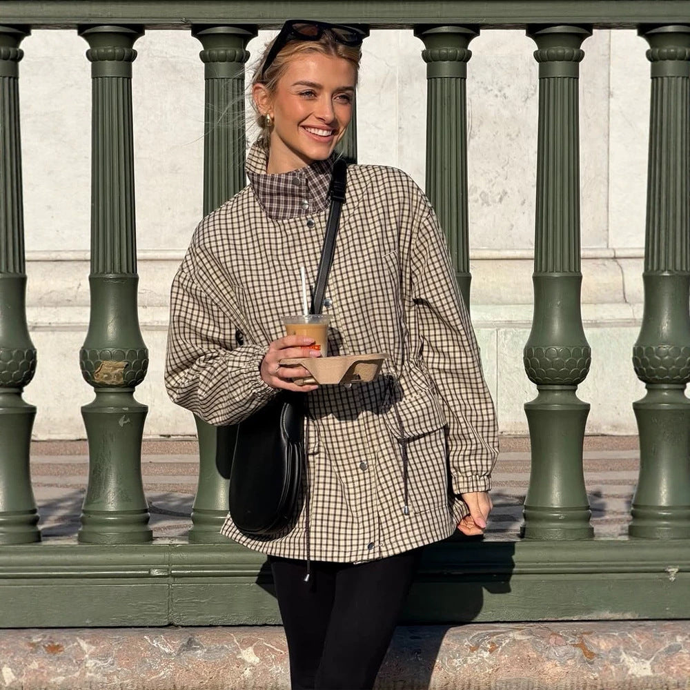 Damen Karierter Taillen-Parka mit Stehkragen, Tunnelzug und Pattentaschen Shop Nory