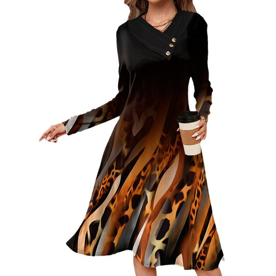 Damen A-Linien-Midikleid mit Animal-Print, asymmetrischem V-Ausschnitt und Zierknopfleiste Shop Nory