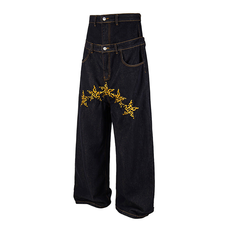 Damen Hochtaillierte weite Jeanshose mit dekorativer Sternstickerei Shop Nory