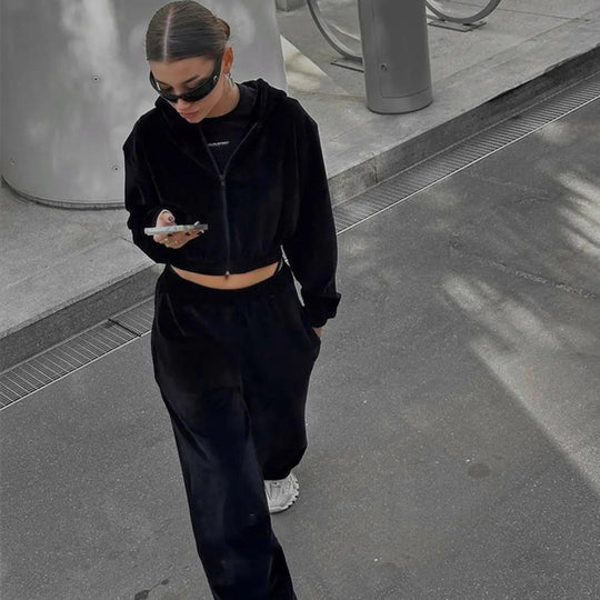 Damen Cropped-Samt-Trainingsset mit verkürzter Reißverschluss-Kapuzenjacke und fließender Palazzo-Jogginghose Shop Nory