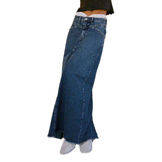 Damen Langer Denim-Rock mit hoher Taille und Taschen