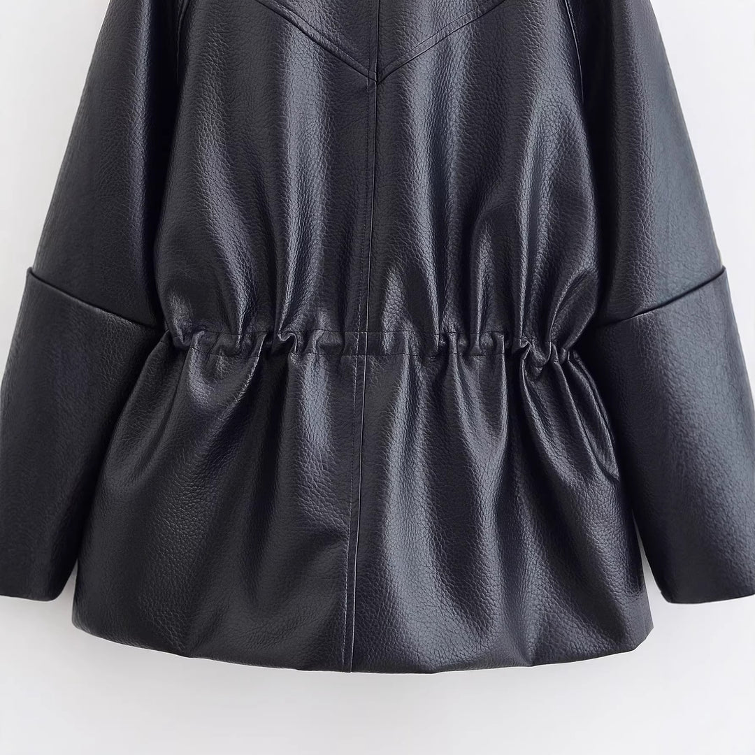Damen Oversize Kunstlederjacke mit Stehkragen, Tunnelzug-Taille und aufgesetzten Taschen Shop Nory