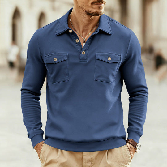 Herren nan figurbetontes Langarm-Poloshirt mit Hemdkragen und aufgesetzten Brustklappen