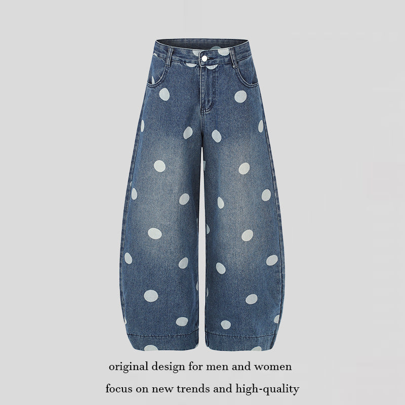 Damen Weite Jeans-Culotte im Palazzo-Stil mit hohem Bund und Punktmuster Shop Nory