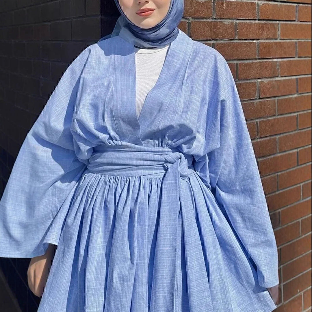 Damen Kimono-Wickelkleid in Leinenoptik mit weitem Rock und Bindegürtel Shop Nory