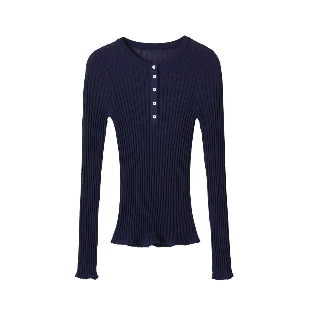Damen Figurbetontes geripptes Langarm-Feinstrickshirt mit Henley-Knopfleiste Shop Nory