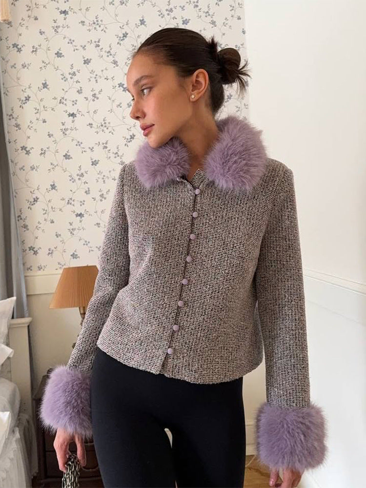 Damen Bouclé‑Jacke mit abnehmbarem Webpelzkragen und Fellmanschetten Shop Nory