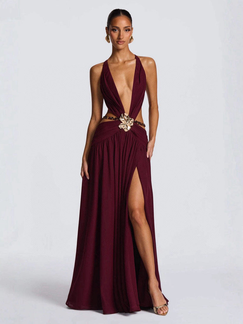 Damen Maxikleid mit tiefem V-Ausschnitt und elegantem Wickeldesign