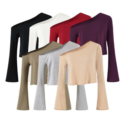 Damen Cropped Off-Shoulder Longsleeve mit ausgestellten Trompetenärmeln aus Jersey Shop Nory