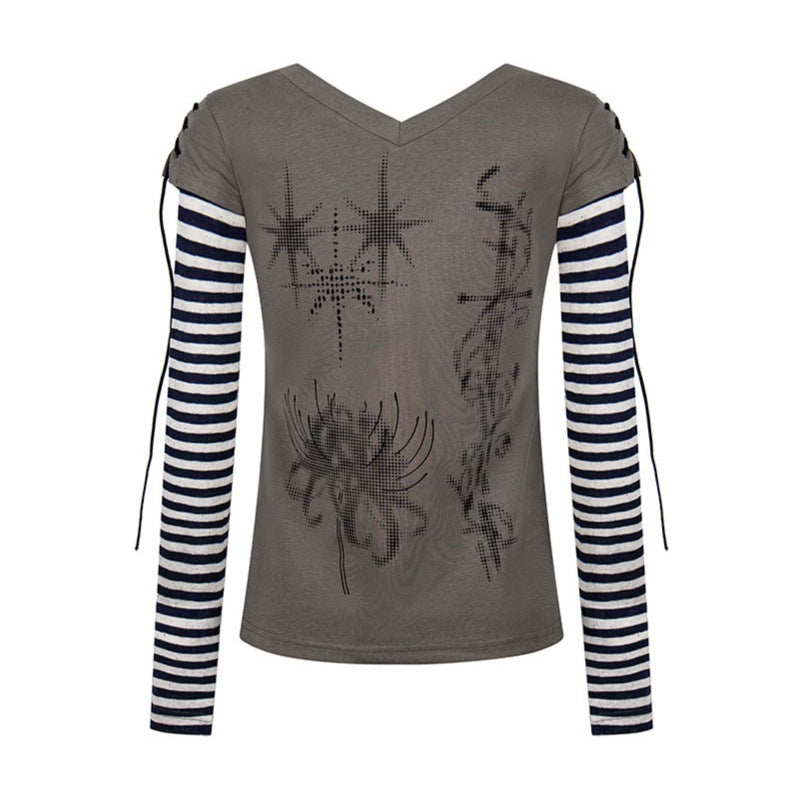 Damen Lagen-Langarmshirt mit V-Ausschnitt, Streifen-Innenlayer und Schnürdetail Shop Nory