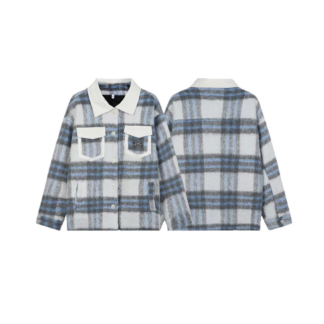 Damen Kariertes Wollmix-Shacket mit kontrastierendem Kunstlederkragen Shop Nory