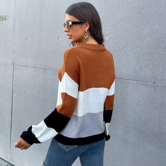 Damen Oversize-Blockstreifen-Strickpullover mit weitem Trompetenärmel Shop Nory