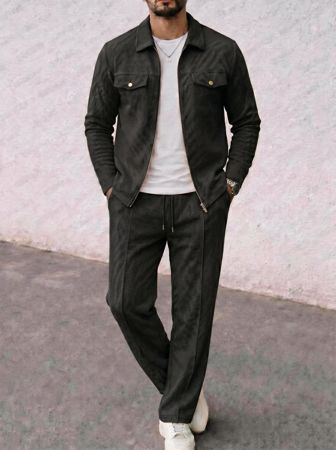 Herren strukturierte Zip-Jacke mit Waffelstruktur Brustklappentaschen und durchgehendem Reißverschluss Shop Nory