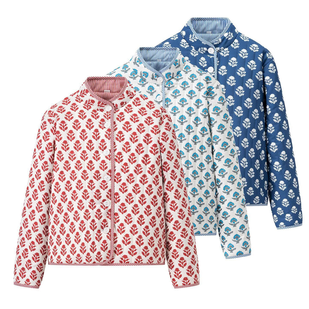 Damen Leichte bedruckte Baumwolljacke mit Stehkragen und gestreiften Manschetten Shop Nory