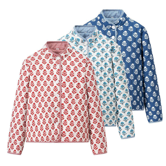 Damen Leichte bedruckte Baumwolljacke mit Stehkragen und gestreiften Manschetten Shop Nory