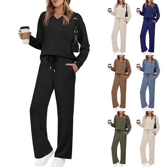 Damen Lässiges Lounge-Set mit V-Ausschnitt-Sweatshirt und weiten Tunnelzug-Hosen Shop Nory