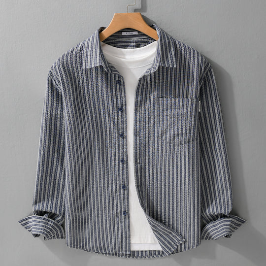 Herren Gestreiftes Relaxed-Overshirt aus strukturiertem Baumwollmix mit Brusttasche Shop Nory