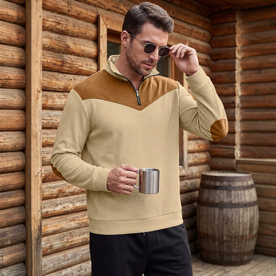 Herren Strickpullover mit Troyerkragen, Rippenstruktur und Ellbogen-Patches Shop Nory