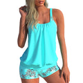 Damen nan figurformendes Tankini-Set mit gerafftem Rundhalsausschnitt und floral bedruckter Badeshorts