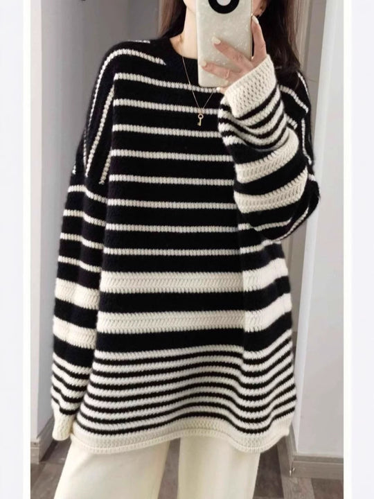 Damen Oversize-Longpullover aus grobem Streifenstrick mit Rundhalsausschnitt Shop Nory