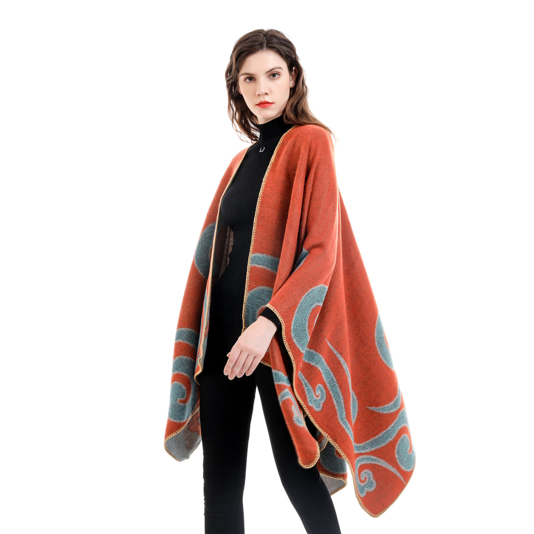 Damen Wollmix-Capeponcho im Ruana-Schnitt mit ornamentaler Intarsienstruktur Shop Nory