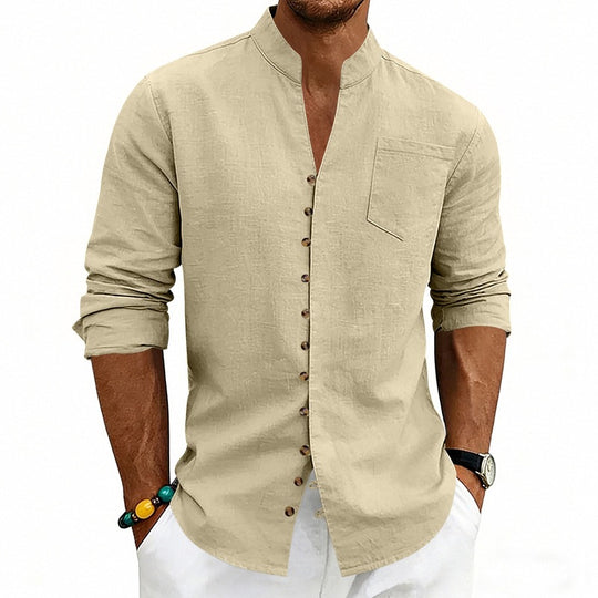 Herren Hemd mit Stehkragen und asymmetrischer Knopfleiste aus Leinenmix Shop Nory