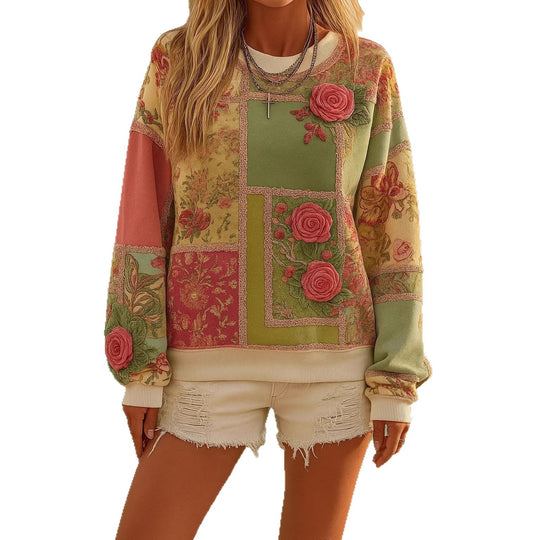 Damen Gemustertes Oversize-Sweatshirt mit dreidimensionalen Rosenapplikationen und Rippbündchen Shop Nory
