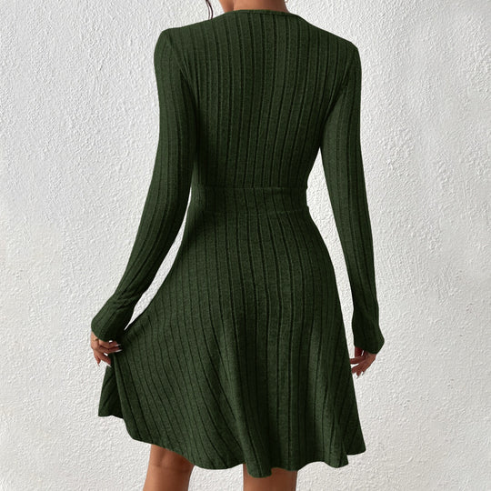 Damen figurschmeichelndes geripptes Wickel-Strickkleid mit tailliertem Bund und ausgestelltem Rock Shop Nory
