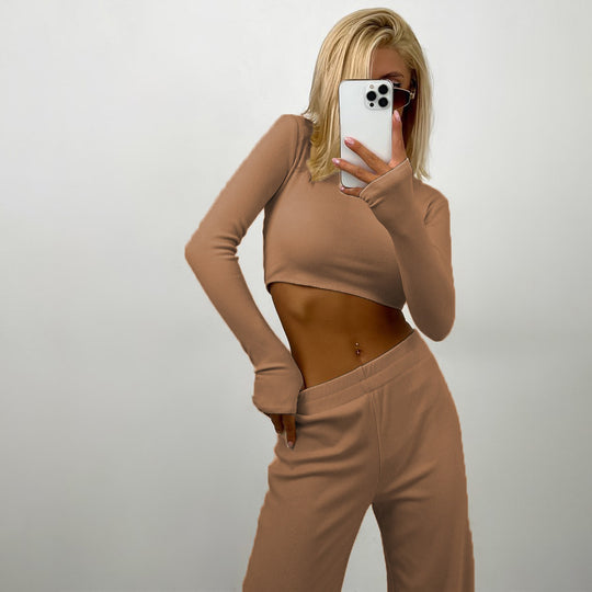 Damen geripptes Cropped-Langarmshirt mit U-Boot-Ausschnitt und High-Waist Palazzo-Hose Shop Nory