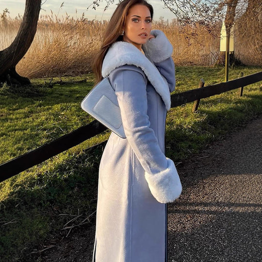 Damen Eleganter lang geschnittener Mantel aus Velours‑Optik mit voluminösem Kunstfell‑Schalkragen Shop Nory