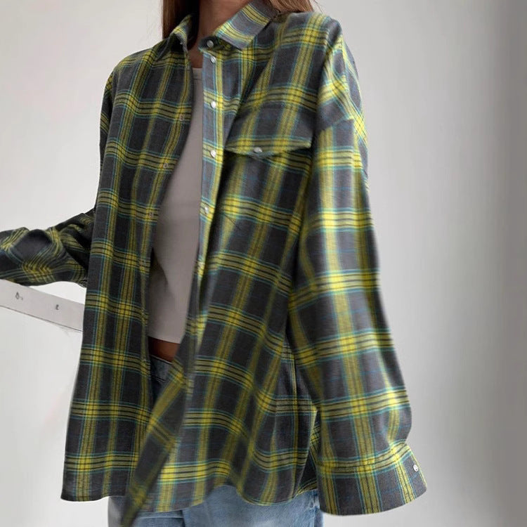 Damen Karo Oversize Flanellhemd Bluse mit Druckknopfblende und Hemdkragen Shop Nory