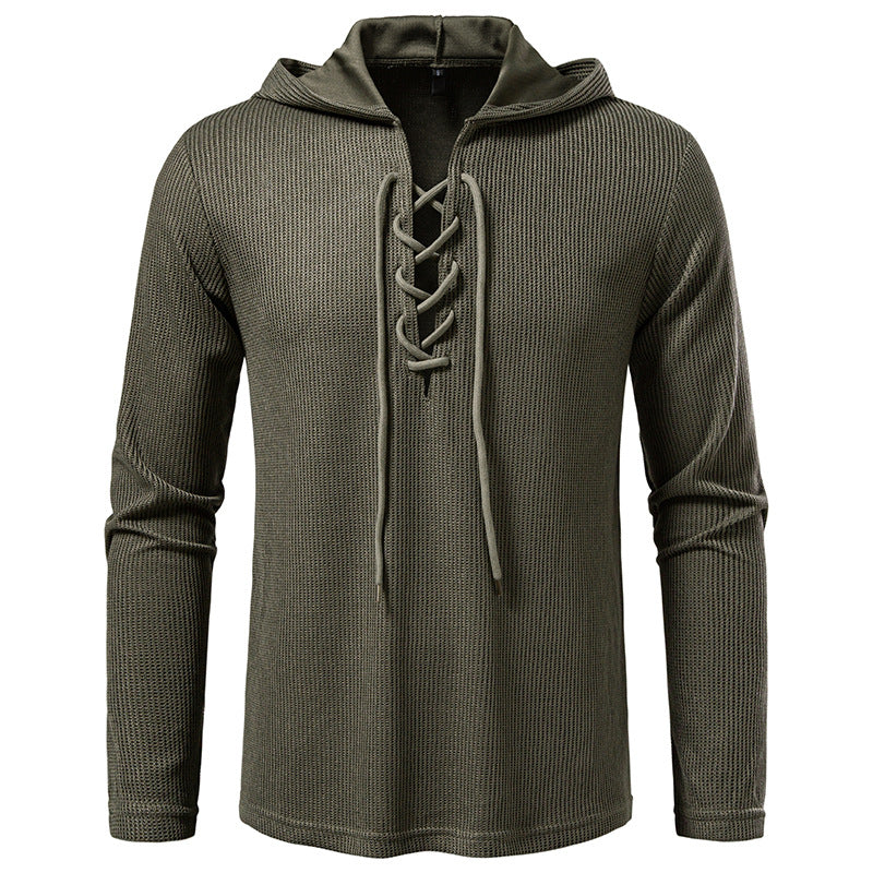 Herren Waffelstrick-Kapuzenpullover mit Schnürkragen und geradem Saum Shop Nory