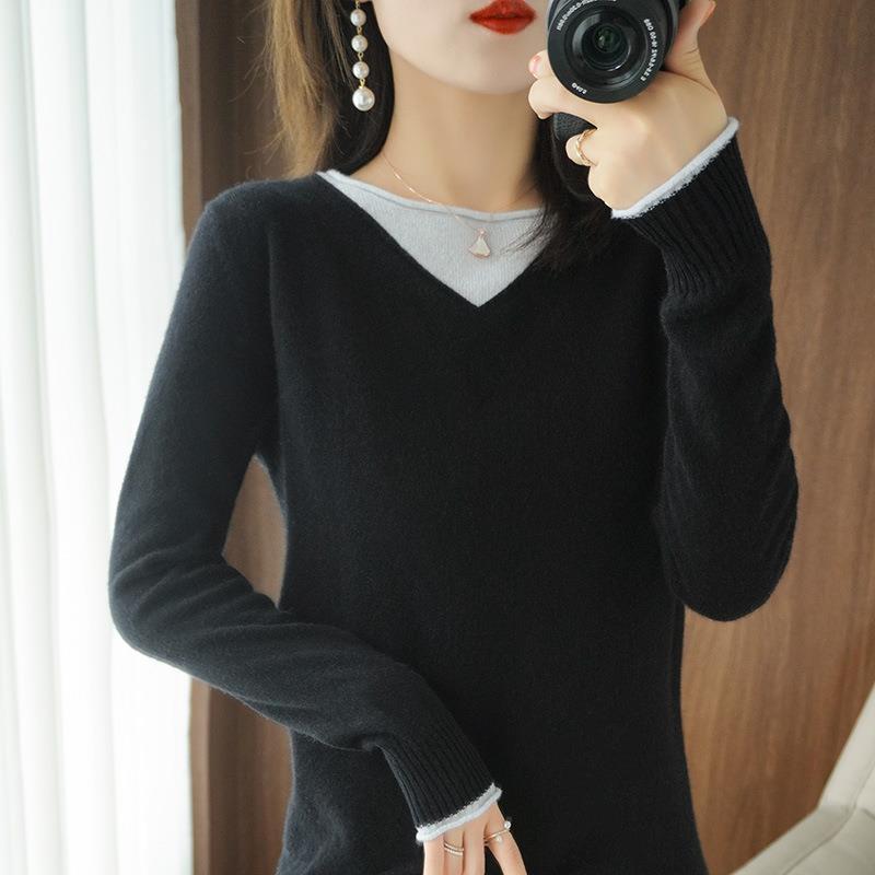 Damen Weicher V‑Ausschnitt-Pullover aus Kaschmir‑Look mit kontrastierter Kantenverzierung Shop Nory