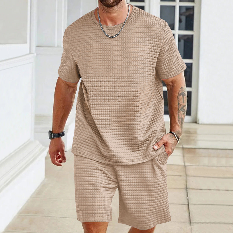 Herren nan Waffelstruktur Wohn- und Freizeit-Set mit weit geschnittenem Kurzarmshirt und kurzer Hose mit elastischem Bund