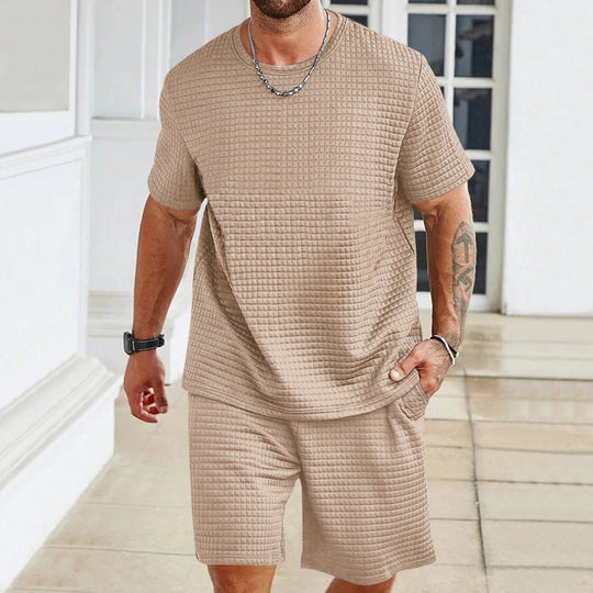 Herren nan Waffelstruktur Wohn- und Freizeit-Set mit weit geschnittenem Kurzarmshirt und kurzer Hose mit elastischem Bund