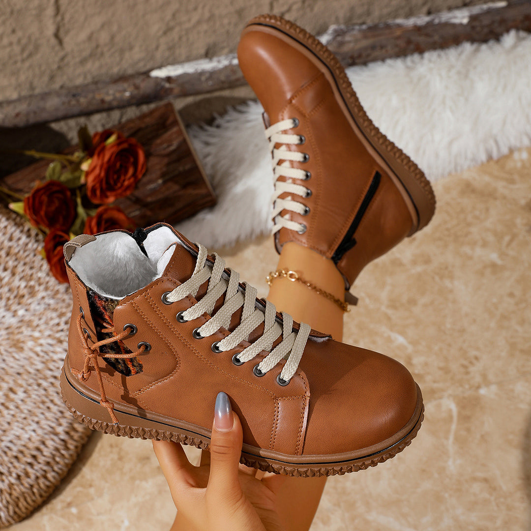 Damen gefütterte Schnürstiefelette mit Teddyfutter, seitlichem Reißverschluss und profilierter Gummisohle Shop Nory